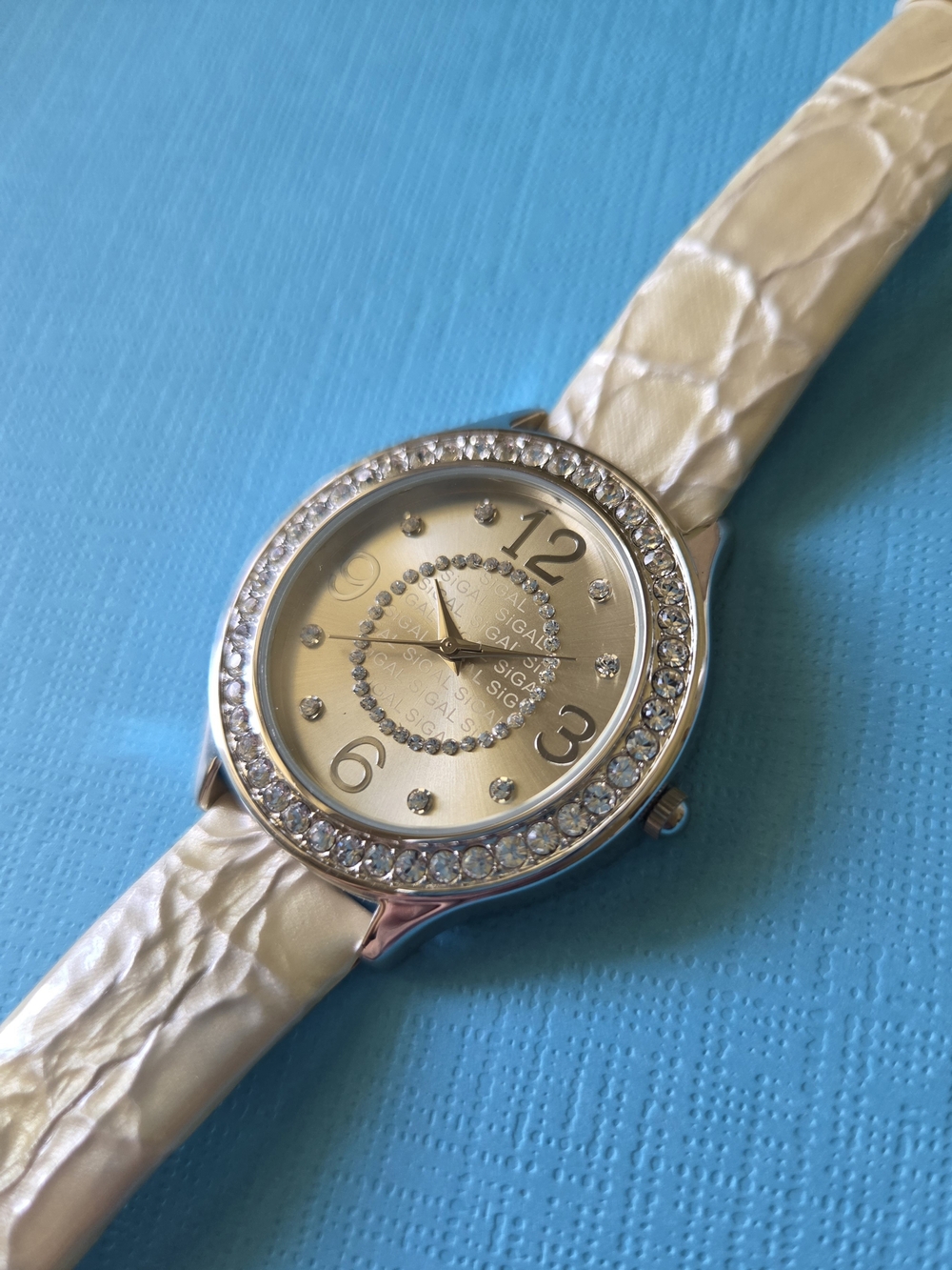 SIGAL New Old Stock Vintage Crystal Bezel Gold Face Watch with Cream Croc Strap